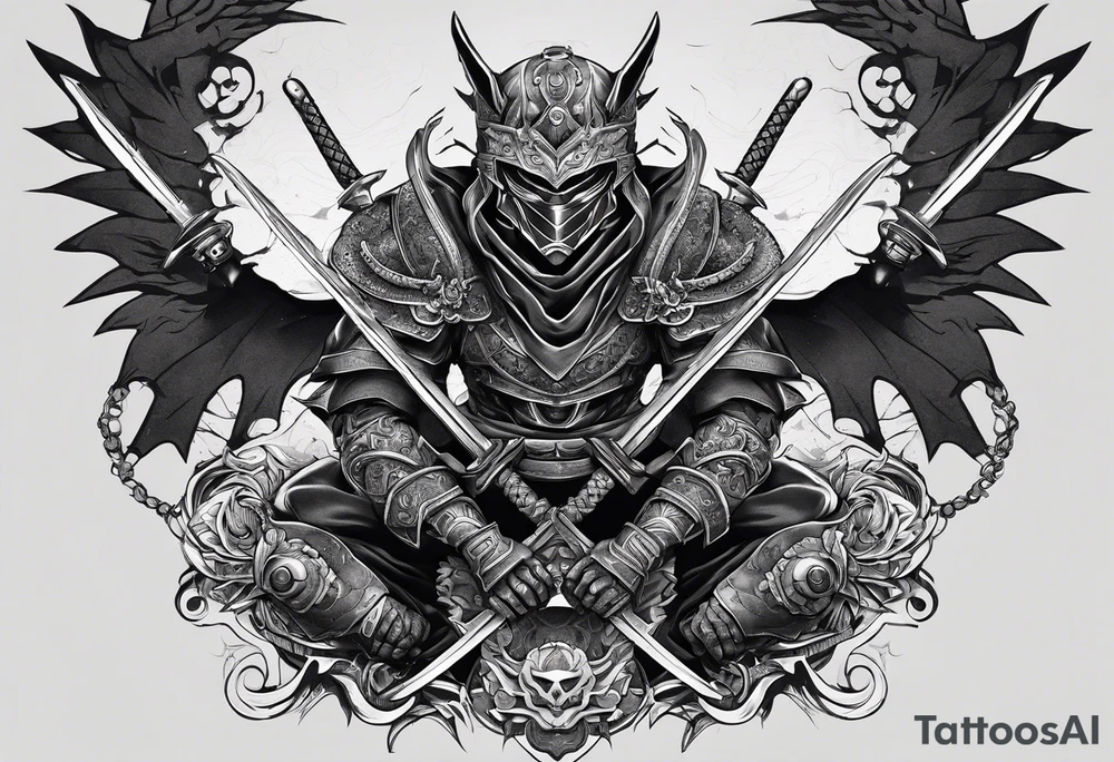 Angry Male Modern robot ninja with demon mask with swords in hands tattoo idea