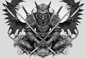 Angry Male Modern robot ninja with demon mask with swords in hands tattoo idea