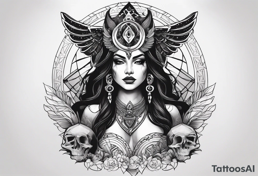 kali ma, alien goddess, valkrye, aries, pirate, divine feminine, zenza resonance, pachamama, lotus azul, blank panther, eagle, skull, 5D, nueva gaya, dna 12, left side chest tatoo tattoo idea