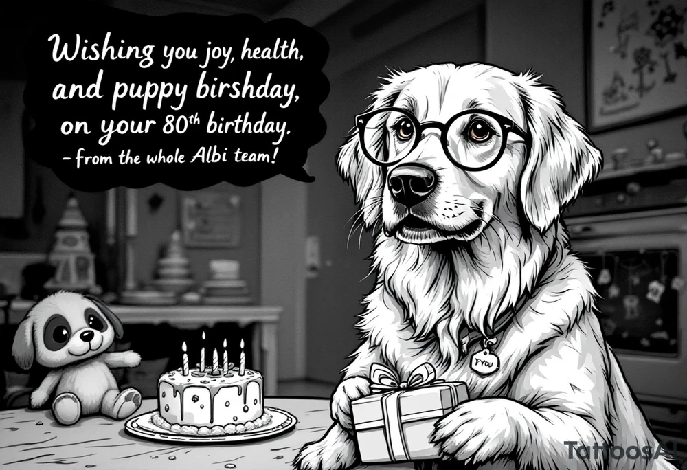 Picture a playful golden retriever wearing cute round reading glasses, holding a neatly wrapped gift box in its mouth. A small tag on the box says “For You.” Behind the dog is a festive table with a birthday cake, candles, and party decorations. The retriever looks clever and kind, like a well-mannered guest at a cozy celebration. A cheerful message floats above:
“Wishing you joy, health, and puppy kisses on your 80th birthday – from the whole Albi team!”
The illustration has a light-hearted, cartoon-like charm, making it perfect for bringing smiles and laughter. tattoo idea