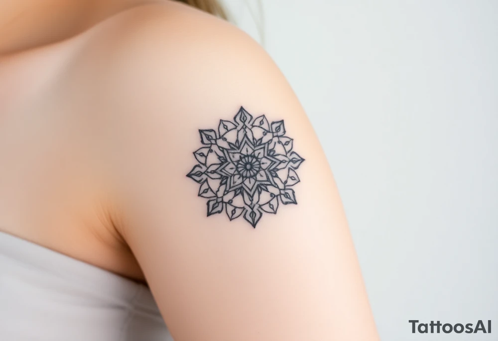 simple, minimalist tattoo, sacred geometry mandala, centerpiece design, dotwork patterns, radiating geometry, symmetrical mandala, geometric shapes, intricate dotwork, sacred patterns, mandala center, geometric radiating, fine line work, black grey shading, minimalist design, no outlines, arm placement, delicate linework, precise geometry, clean symmetry, sacred symbols, geometric precision, dotwork details, mandala focal point, refined patterns, understated complexity, geometric harmony, minimalist tattoo idea