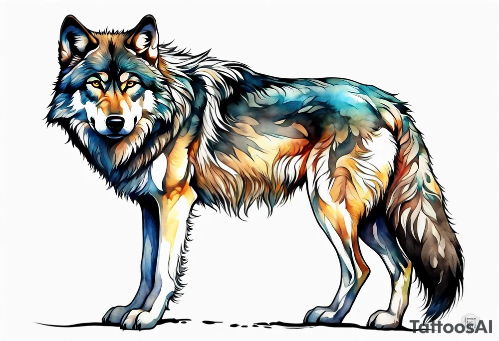 Full wolf sitting upright facing forwards tattoo idea