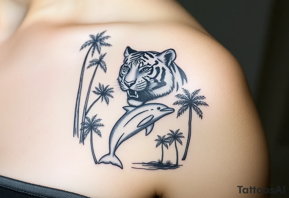 fierce tiger emerging through the trees with a jumping dolphin and palm trees underneath it tattoo idea