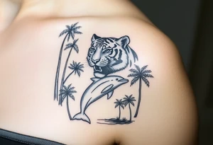 fierce tiger emerging through the trees with a jumping dolphin and palm trees underneath it tattoo idea