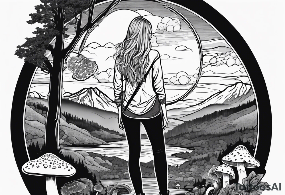 Whole picture encircled fully

Straight long blonde hair hippie girl in distance holding mushrooms in hand facing away toward mountains and creek surrounded by mushrooms long sleeve shirt and hiking pants; whole rendering within a full circle, no cut off circle tattoo idea