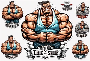 Make the SHIP8 INC. wording with aggressive eyes and flexing big muscles like a bodybuilder. tattoo idea