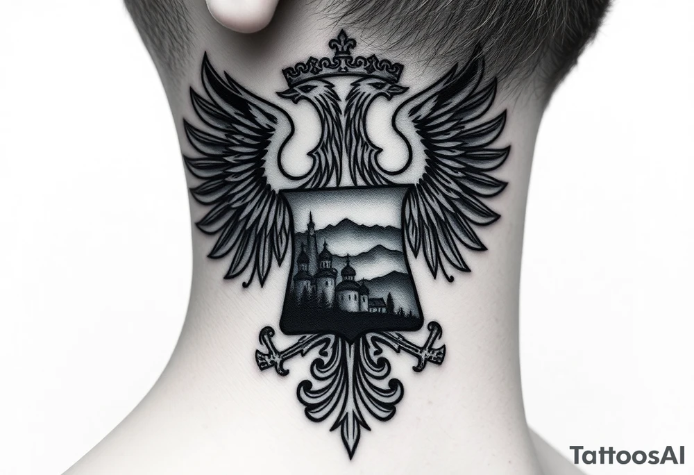 Traditional authentic Russian coat of arms with double headed eagle & a well shaded Christian orthodox virgin marry crest in the middle with silhouette of a lake in a Russian wilderness Christian orthodoxy dome church village setting on the side of my neck tattoo idea