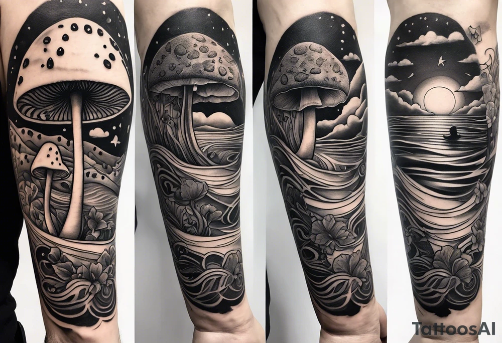 lots of empty space with simple line of icons down the back of the arm. there are four icons in this order:

1. a music note on a staff
2. a wave of water
3. a pocket
4. mushroom tattoo idea