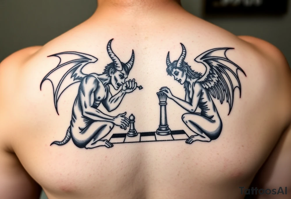 devil and angel playing chess in black and mainly just the outline tattoo idea