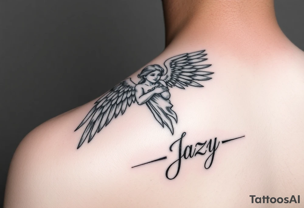 upper shooulder tattoo - Remembrance angel of a deceased best friend with the name Jazy incorporated tattoo idea