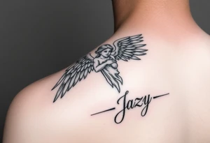 upper shooulder tattoo - Remembrance angel of a deceased best friend with the name Jazy incorporated tattoo idea