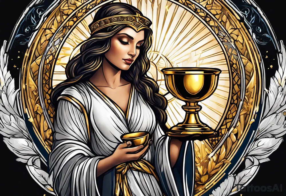 woman saint holding chalice surrounded by golden halo tattoo idea