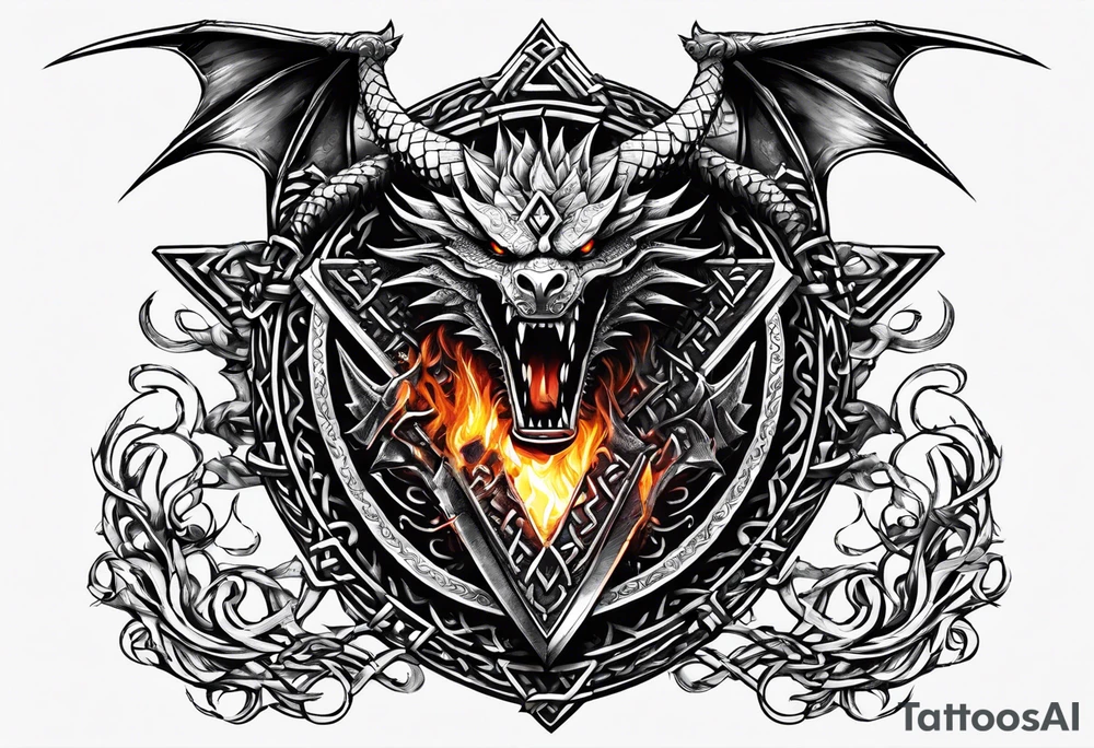 Valhalla sword shield dragon axe Valknut barbed wire chains fire tattoo idea