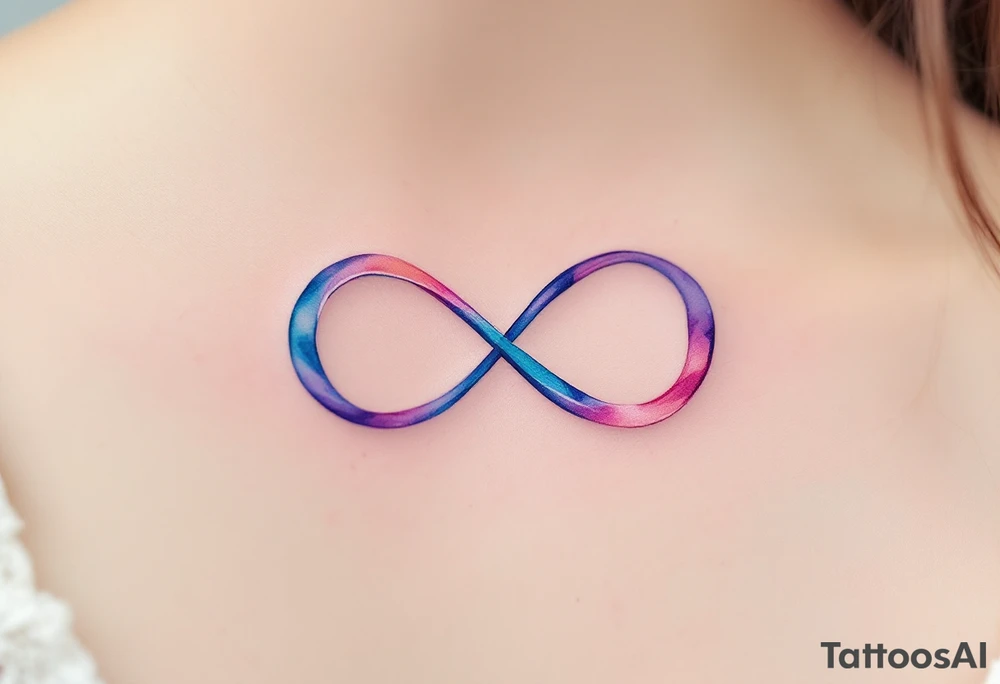 A watercolor-style infinity loop in shades of blue and pink, with a small heart nestled in the center. tattoo idea