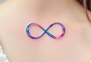 A watercolor-style infinity loop in shades of blue and pink, with a small heart nestled in the center. tattoo idea