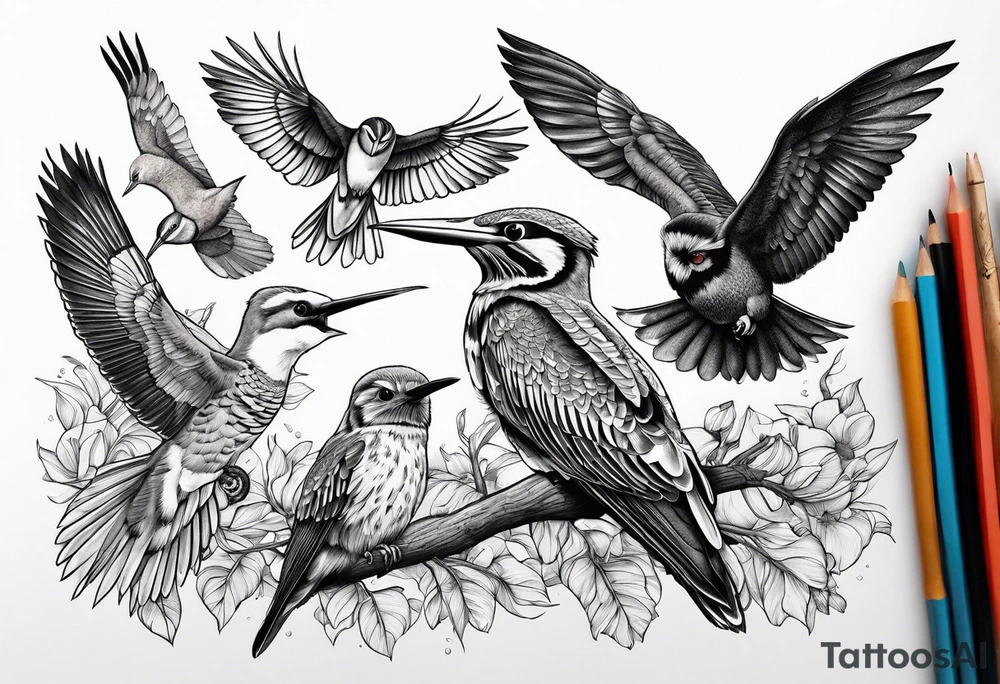 Flock of birds including owl, hummingbird, pelican tattoo idea