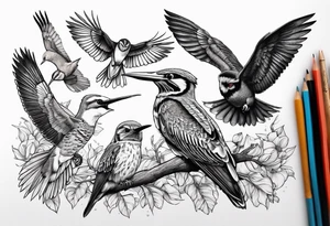 Flock of birds including owl, hummingbird, pelican tattoo idea