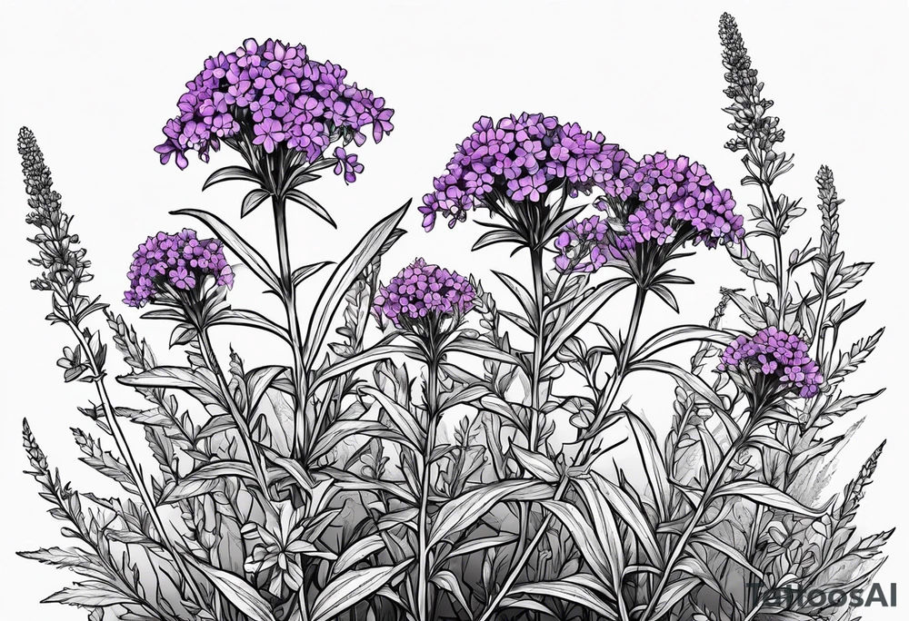 Generate a picture of Vervain (Verbena) flowers with small leaves around them. tattoo idea