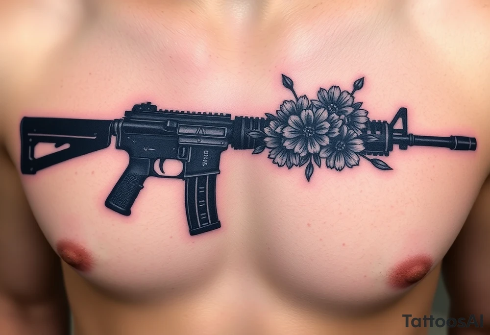 ak 47 black silhouette with floreal details tattoo idea