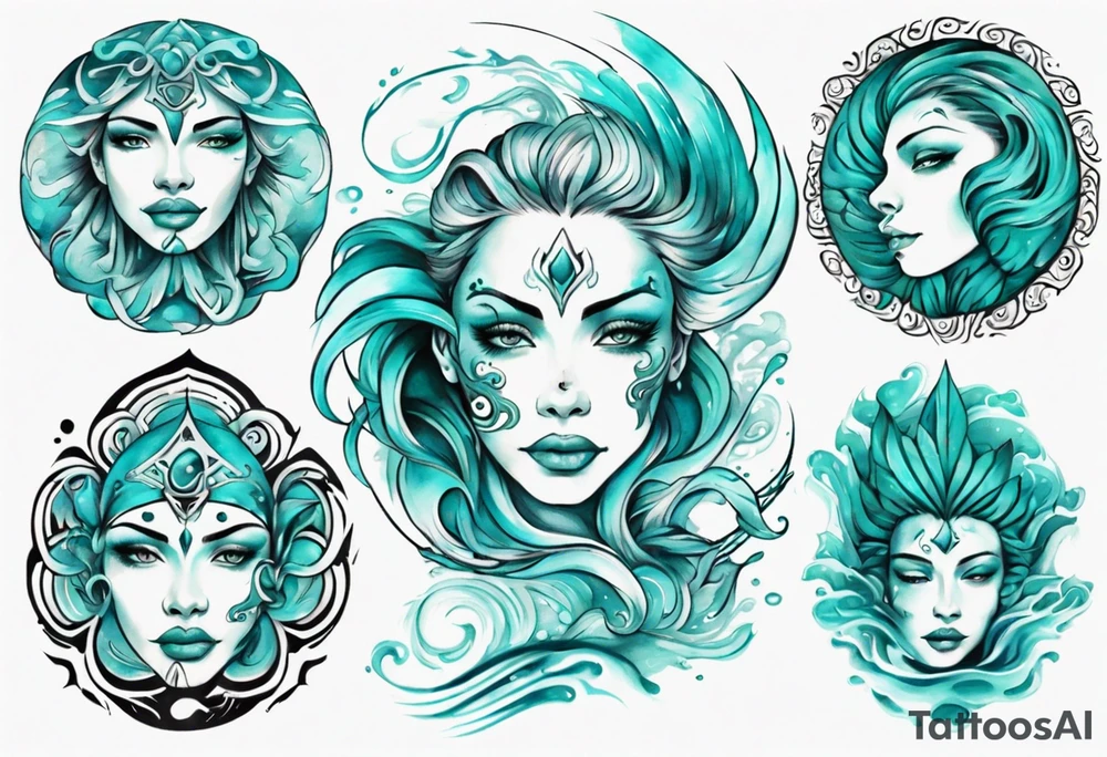 a beautiful turquoise face in an ocean wave tattoo idea