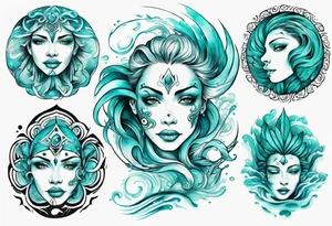 a beautiful turquoise face in an ocean wave tattoo idea