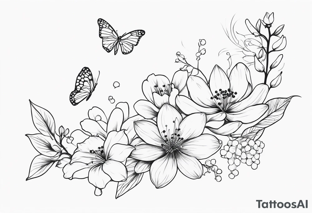 minimalist s-curve of cosmos flower, cherry blossoms, rowan tree berries and flowers, and lily of the valley tattoo idea