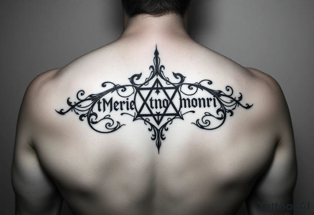 Can you please design a tattoo of an ambigram combining the phrase “memento mori” and “this shall pass” tattoo idea