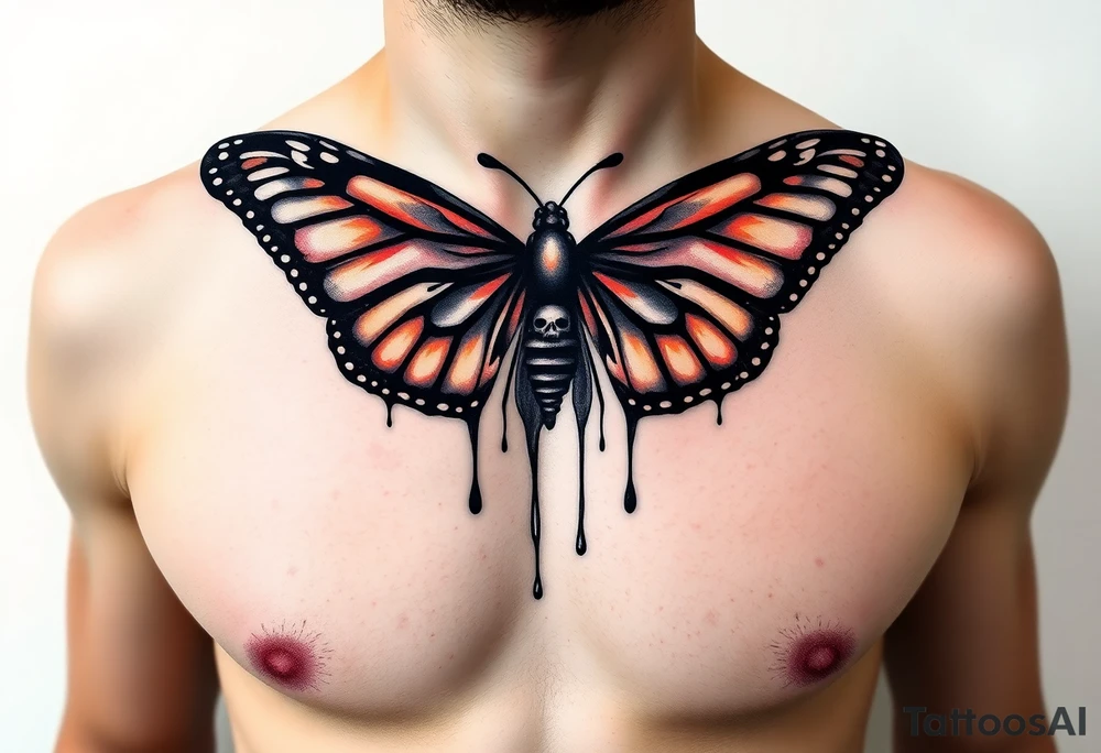 powerful majestic and dark monarch butterfly with skull detail in the wings
hidden skulls in wings, skull detail making the body of the butterfly with a horror style dripping effect, including blue, red and white colouring
placement on chest tattoo idea