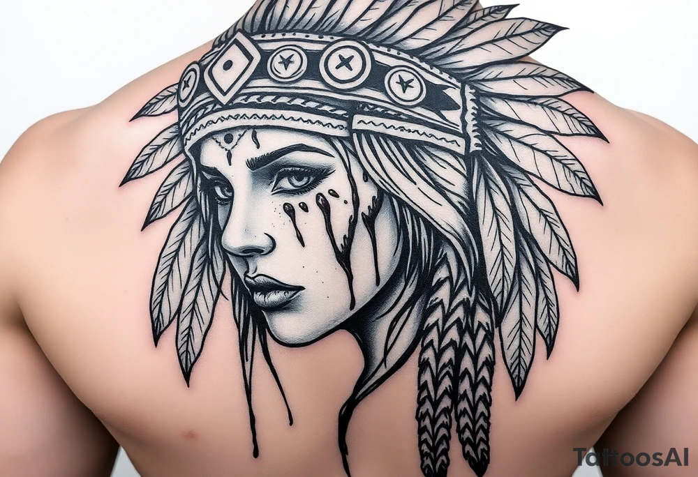 Beautiful Woman with battle scars and blood on face wearing bear headdress tattoo idea