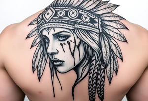 Beautiful Woman with battle scars and blood on face wearing bear headdress tattoo idea