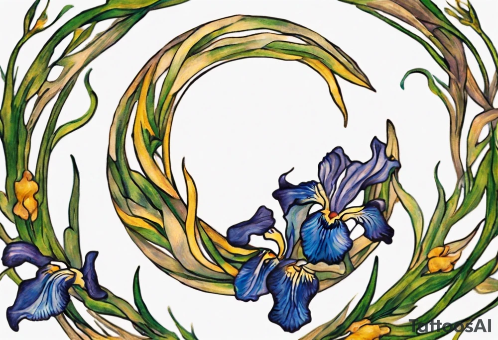Create a small, colorful Vincent van Gogh Irises tattoo in the form of a crescent, with vines gracefully intertwining at a central point in the middle of the wreath. The intended placement is on the upper chest. The middle needs mountains. The overall design should be small in size while maintaining a delicate and artistic aesthetic. Pay attention to the graceful flow of the vines and the placement of the irises to achieve a refined and elegant look. tattoo idea