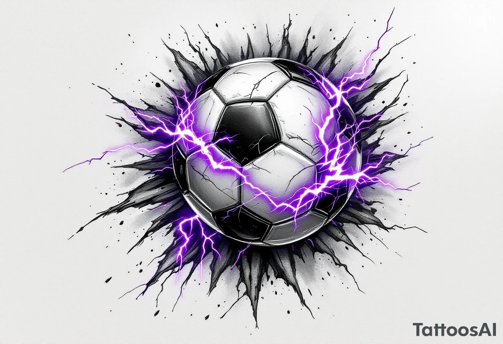 A black soccer ball with purple lightning bolts cracking across its surface. tattoo idea