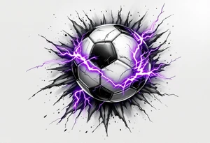 A black soccer ball with purple lightning bolts cracking across its surface. tattoo idea