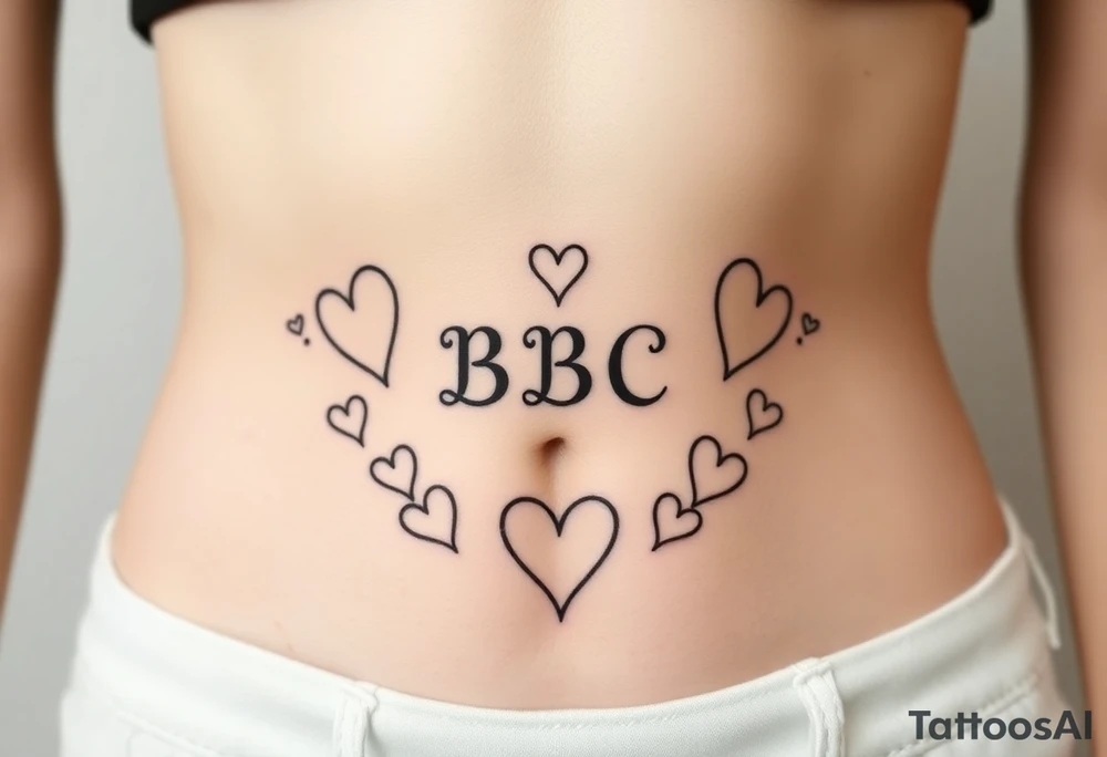 text reading "BBC" across a womb tattoo surrounded by hearts tattoo idea