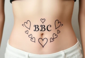 text reading "BBC" across a womb tattoo surrounded by hearts tattoo idea
