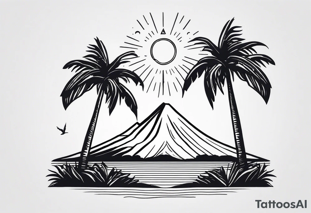 Fine line style. Thin and tall palmtree with a minimalist volcano in the back tattoo idea