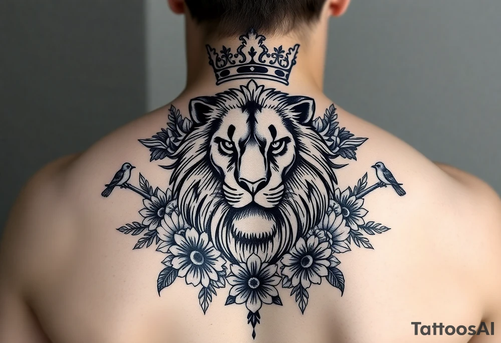 powerful majestic lion with a crown, surrounded by floral ornaments and birds tattoo idea