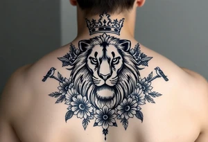 powerful majestic lion with a crown, surrounded by floral ornaments and birds tattoo idea