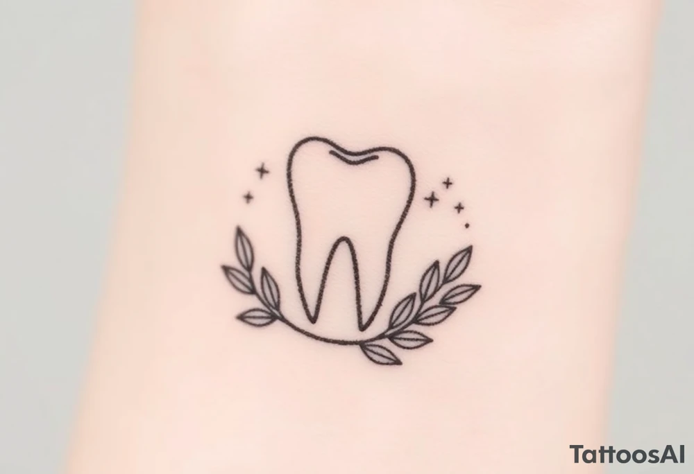 “A molar tooth outlined in fine black lines resting on a small crescent of olive leaves, soft dotted background stars for a celestial-nature fusion tattoo idea