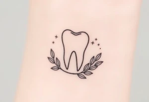 “A molar tooth outlined in fine black lines resting on a small crescent of olive leaves, soft dotted background stars for a celestial-nature fusion tattoo idea