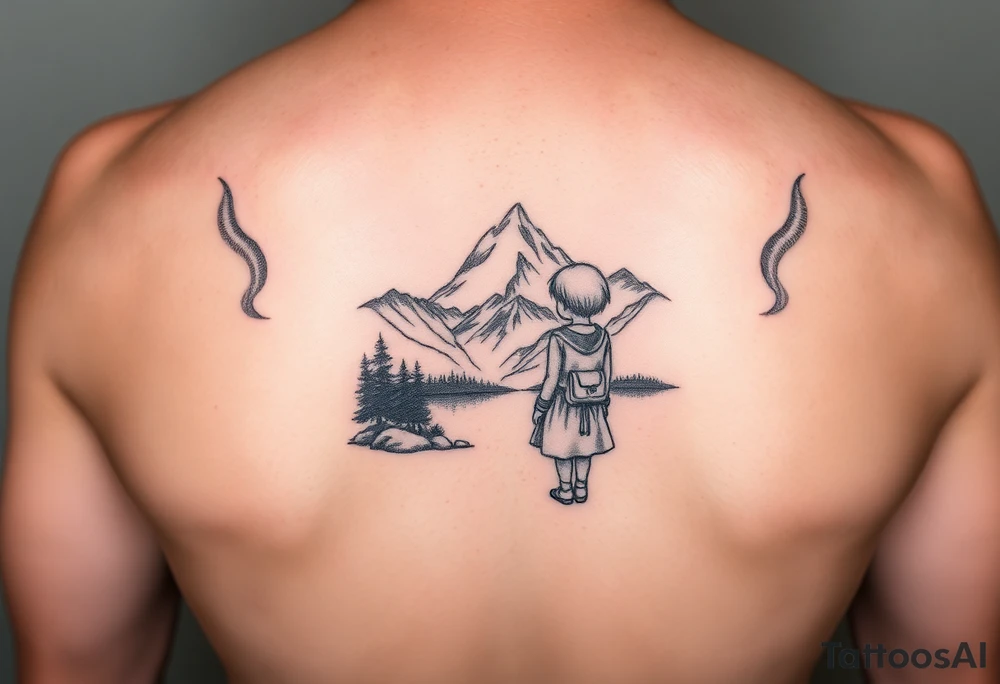 Little blond girl in front of a lake and mountain tattoo idea