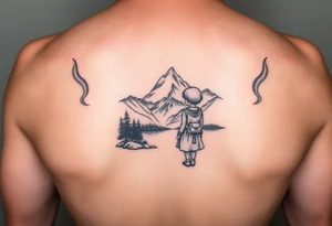 Little blond girl in front of a lake and mountain tattoo idea