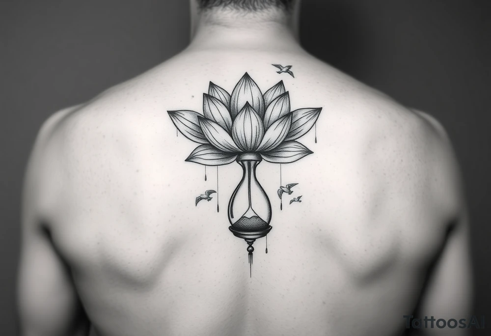 Lotus flower with hour glass and mountains and birds tattoo idea