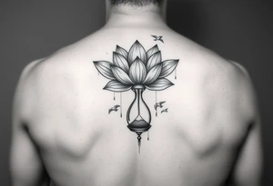 Lotus flower with hour glass and mountains and birds tattoo idea