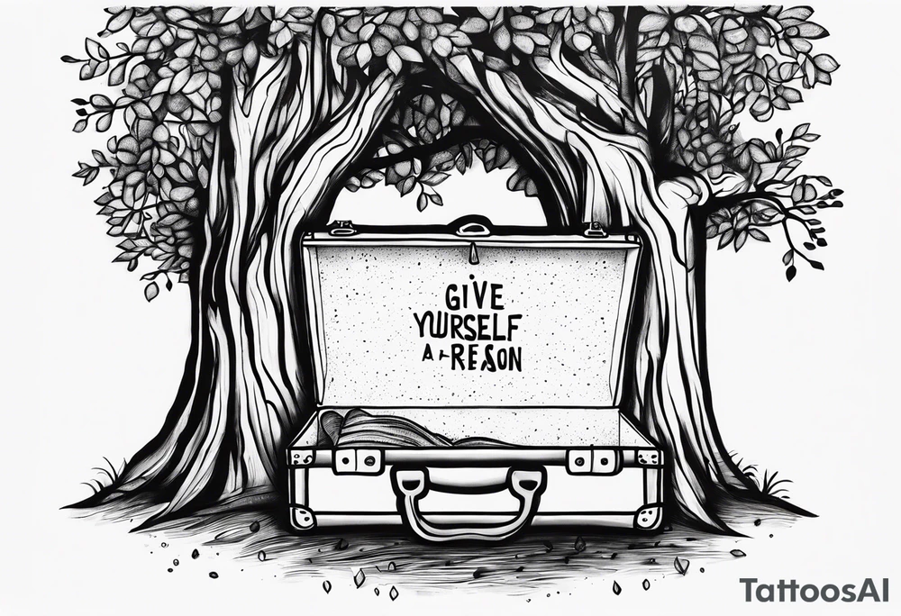 "give yourself a reason" written in the trunk of a tree tattoo idea