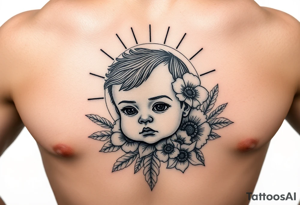 Baby boy flower ornemental with sunshine background chest tattoo idea