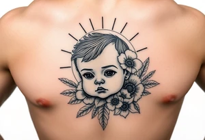 Baby boy flower ornemental with sunshine background chest tattoo idea