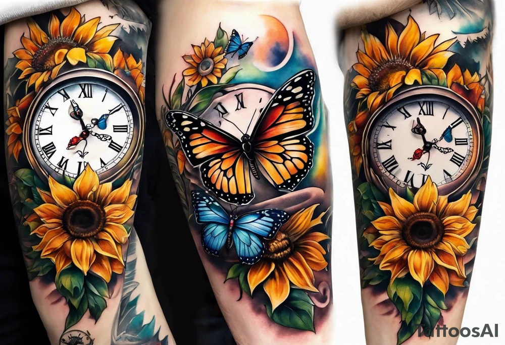 Sleeve with clock, sunflower and butterfly tattoo idea