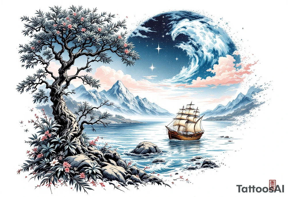 tattoo that has an acacia tree with mountains, ocean with a ship wreck and the northern star tattoo idea