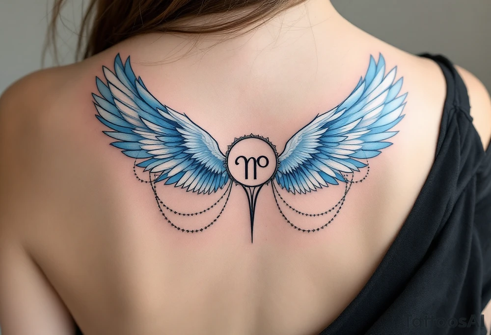 A graceful guardian angel with large feathered wings, holding a Virgo symbol close to her heart. The color palette includes light blue, silver, and soft white, symbolizing Virgo’s protective and pure energy. tattoo idea